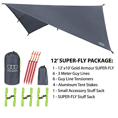 Gold Armour Rainfly Tarp Hammock, Premium 14.7ft/12ft/10ft/8ft Rain Fly Cover, Waterproof Ultralight Camping Shelter Canop...