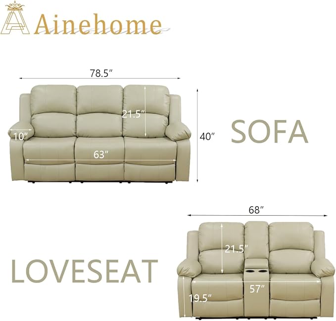 A Ainehome Living Room Furniture Set Leather Recliner Sofa Set Loveseat Chair Furniture Sofa Set for Living Room/Small Space/Rv/House/Office/Theater Seating (A-Beige Leather, Sofa+Loveseat)