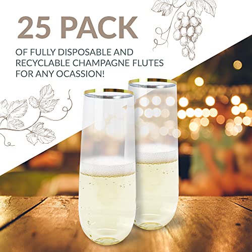 Reli. Champagne Flutes Plastic | 25 Pack | 9 oz - Gold Rim Clear | Stemless Premium Plastic Champagne Flutes | Party-Perfe...