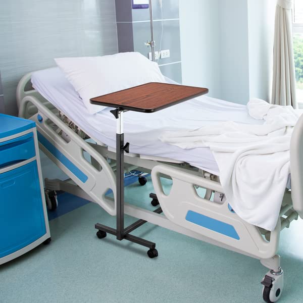 Overbed Table with Wheels | Flat Rolling Bed Side Tray Table for Medical or in-Home Use | Height Adjustable Hospital Table with Locking Casters (Wood Grain)