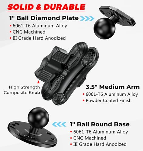 Aluminum Alloy 1" Ball GPS Mount with Industry Standard AMPS Hole Diamond Plate & Round Base, 3.5" Medium Arm for Garmin H...