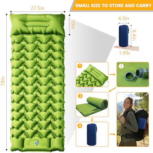 Oramoose Camping Sleeping Pad, 4in Thick Ultralight Inflatable Camping Mat with Pillow, Built-in Foot Pump Sleeping Mat, W...