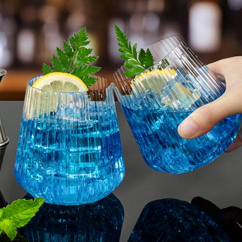 BESTSTAR 36 Pcs 12 oz Plastic Clear Ribbed Wine Glasses, Origami Ripple Disposable Champagne Glasses Elegant Whiskey Glass...