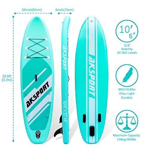 AKSPORT Inflatable Stand Up Paddle Board, SUP Board with All Accessories, Wide Stable Design, Non-Slip Deck, Inflatable Pa...