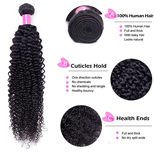 Kinky Curly Bundles and Closure Brazilian Human Hair Bundles with Closure Unprocessed Virgin 3 Bundles with 4x4 Lace Closure(14 16 18+12) Natural Color
