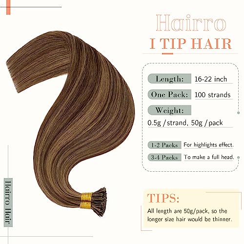 Hairro I Tip Human Hair Extensions Pre Bonded Fusion Hair Tipped Remy Hair Pieces Silky Straight Microlink Itip Keratin Stick Hairpieces For Women 22" 100 Strands 50g #4P27 Medium Brown&Dark Blonde