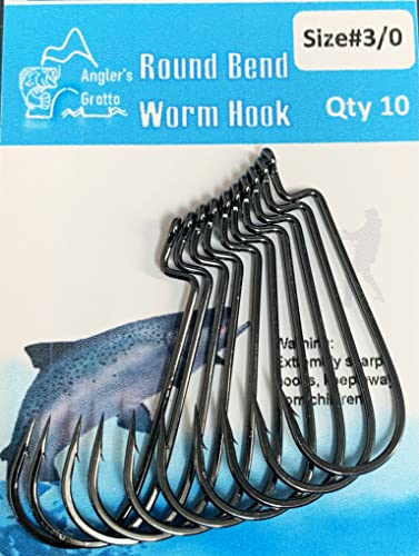 Angler's Grotto Offset Shank Round Bend Worm Hook | 10/25 Count Per Pack | Freshwater Saltwater Fishing Hooks | High Carbo...
