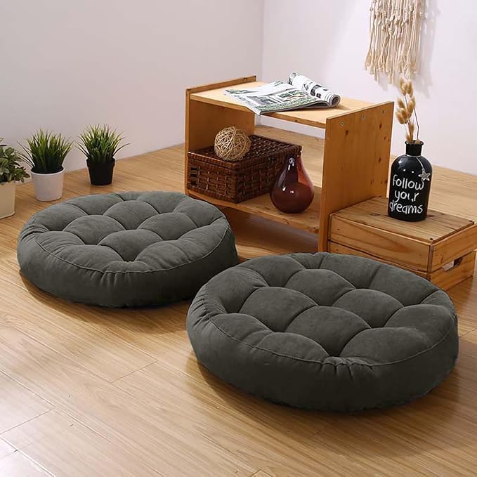 Gfobip Meditation Floor Pillow Set of 2 Large Round Floor Cushions for Adults Tufted Corduroy Floor Seat Pillows Cushion for Living Room,Dark Grey 16.5" Lx16.5 Wx3 H