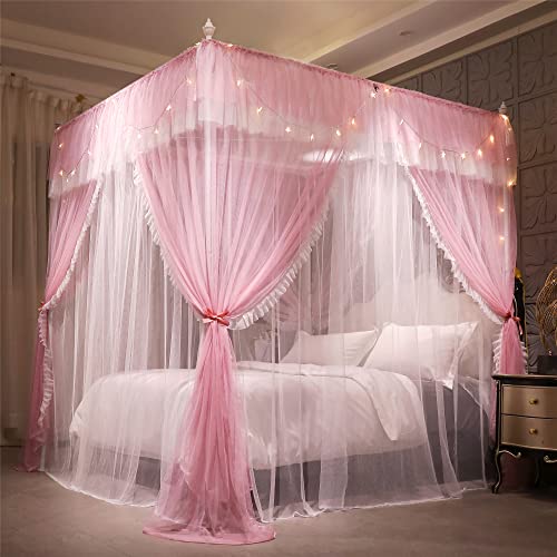VETHIN 4 Corners Post Ruffle Princess Bed Canopy Curtain-Double Layer Cozy Drape Netting 4 Opening Mosquito Net for Girls ...