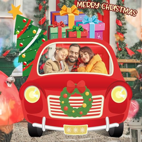 SmoothNovelty Christmas Truck Photo Booth Prop Banner Xmas Photo Background Decorations Large Christmas Car Selfie Frame B...
