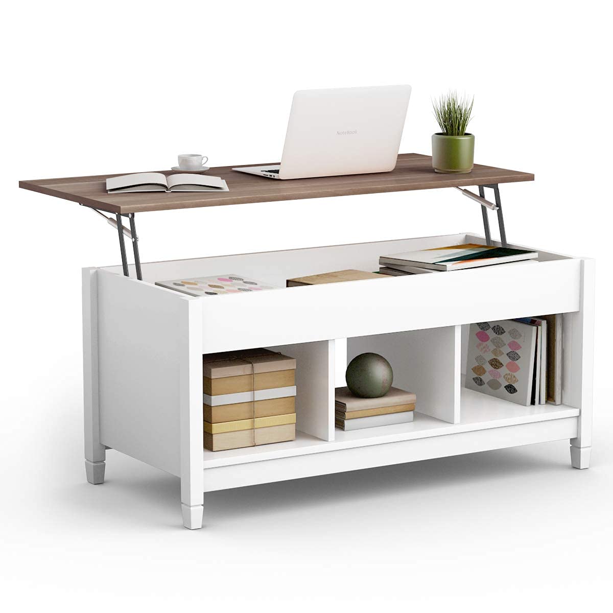 Tangkula Wood Lift Top Coffee Table, Modern Tea Storage with Hidden Compartment and Open Storage Shelf for Living Room Office Reception Room, Lift Center Table (White)
