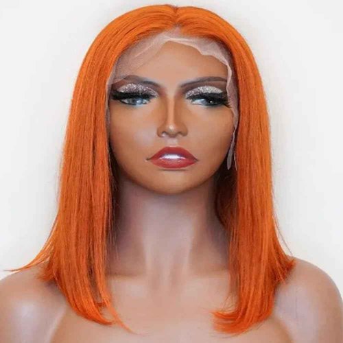Glueless Bob Lace Front Wigs Human Hair, Orange Short Lace Front Wigs 13x4 Frontal Glueless Wigs Human Hair Pre Plucked Bleached Knots 12Inch Bob Wigs Pre Plucked Natural Hairline