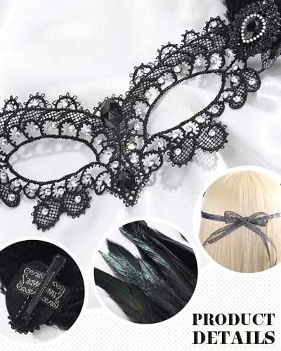 Zinniday Halloween Feather Masquerade Masks - 1920s 50s Antique Lace Venetian Mask for Women Renaissance Cosplay Party
