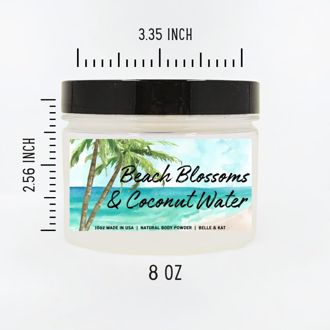 Body Powder for Women & Men Scented Beach Blossoms & Coconut Water, Perfume Dusting Powder, Bath Powder with Fragrance & Essential Oils, Talc-Free 10oz Container with Lid, Made in USA