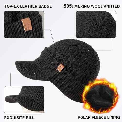 TOP-EX DryKnit¢â Waterproof 50% Merino Wool Visor Beanie Hat for Men Fleece Lined Winter Hat with Brim for Big Heads