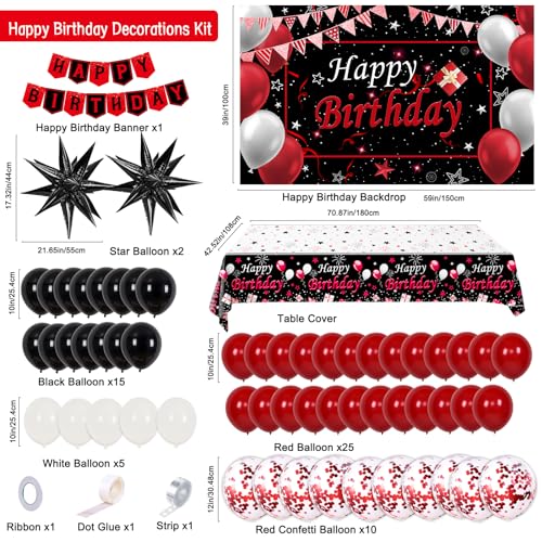 Red Birthday Decorations for Men Women Boys Girls, 75 PCS Red and Black Party Decorations Happy Birthday Backdrop Banner P...