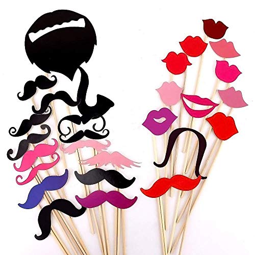 Party Props for Photo Booth Birthday Wedding Kids Adult Prom 58 Pcs, Rowae DIY Funny Costumes with Mustache on a Stick, Ha...