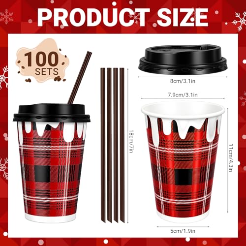 POTPTPT 100 Pieces Christmas Disposable Coffee Cups with Lids and Straws 12 oz Christmas Disposable Paper Cups Red Black P...