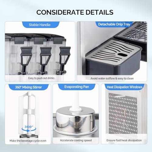 ROVSUN Commercial Beverage Dispenser 7.8 Gal/30L, Commercial Juice Dispenser Cold Drink Dispenser 10L X 3 Tanks Stainless ...