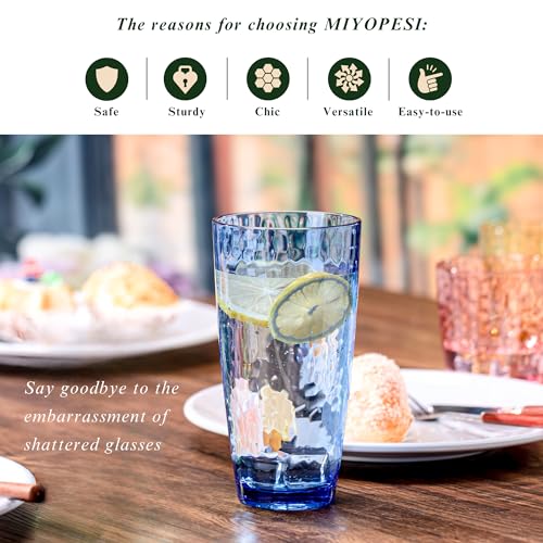MIYOPESI 26oz Blue Acrylic Glasses Drinkware (Set of 6), Hammered Design Shatter-Proof Plastic Cups, Reusable Plastic Larg...
