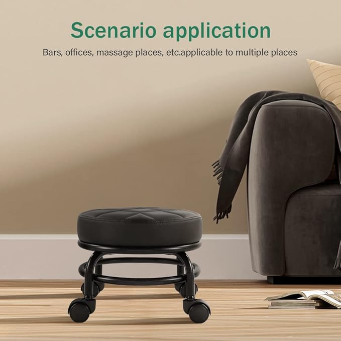 FURWOO Low Roller Seat PU Leather Rolling Stool with Wheels for Manicure, Mechanic,Home Office, Garage Shop Black