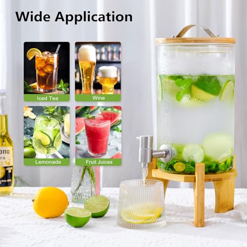 1.2 Gallon Large Glass Drink Dispenser For Parties, Beverage Dispenser with Bamboo Wood Stand and Stainless Steel Spigot, ...