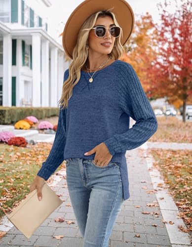 JomeDesign Long Sleeve Shirts for Women Crew Neck Sweatshirts Lightweight Sweaters Side Split Loose Casual Blouses