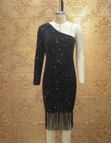 dasmzper Women Sexy Sequin One Shoulder Long Sleeve Tassel Hem Bodycon Midi Dress Party Cocktail Dress