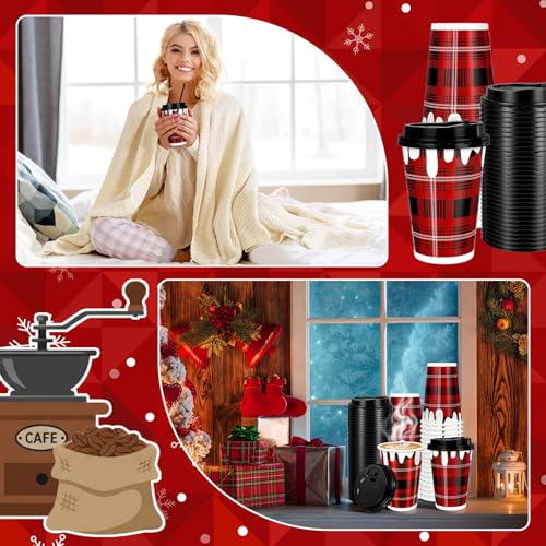 POTPTPT 100 Pieces Christmas Disposable Coffee Cups with Lids and Straws 12 oz Christmas Disposable Paper Cups Red Black P...