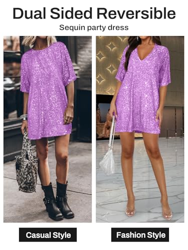 MIYIEONZ Women's Crew Neck Sequin Dress for Women Sexy V Neck Shirt Dress Sparkly Half Sleeve Loose Party Club Cocktail Dress