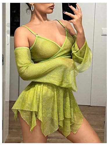 OYOANGLE Women's 2 Piece Mesh Sheer Criss Cross Crop Top and Asymmetrical Mini Skirt Party Rave Outfits
