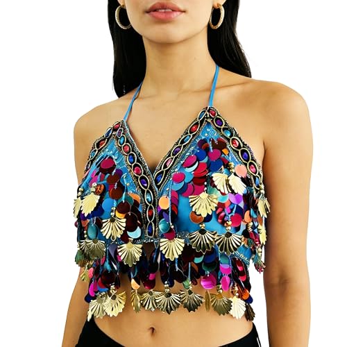 Wuchieal Sequin Halter Bra Tops Salsa Belly Dance Boho Festival Clubbing Tribal Bra Gold Shell Top