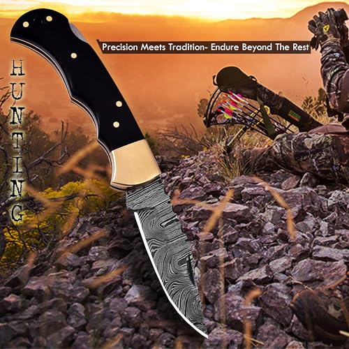 Damascus Steel Folding Knife - Premium Pocket Knife With Bone Handle Edc Small Youth Pocket KnifeTactical Serrated Camping...