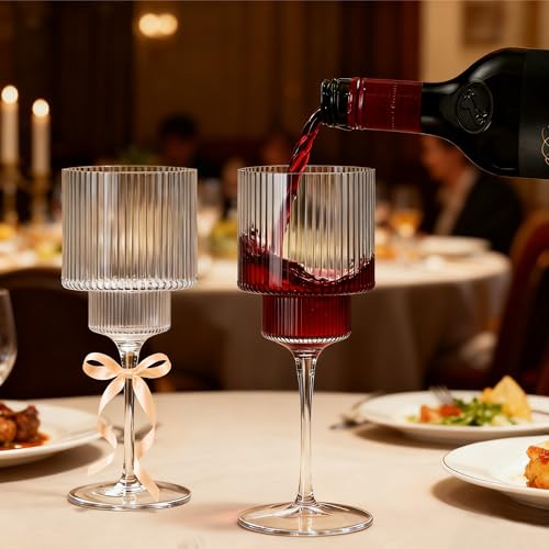 24PCS Ribbed Plastic Wine Glasses - 12oz Unbreakable Wine Glasses with Stem, Disposable Clear Plastic Champagne Cups with ...