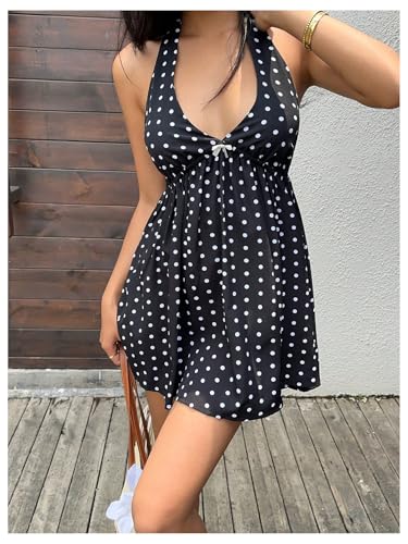 Verdusa Women's Polka Dots Halter Dress Festival Outfits Tie Back A Line Flowy Dresses