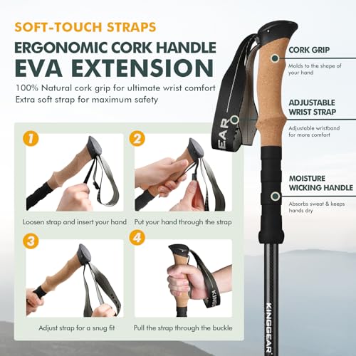 KINGGEAR TPC-3K 100% Carbon Fiber Trekking Poles for Hiking - Ultralight Collapsible Hiking Poles with Cork & EVA Foam Gri...