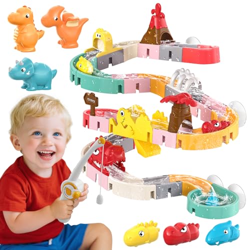 Dinosaur Bath Toys with Track & Fishing Rod – 47PCS Wall Suction Slide Playset for Toddlers, DIY Water Race Track with 6 D...