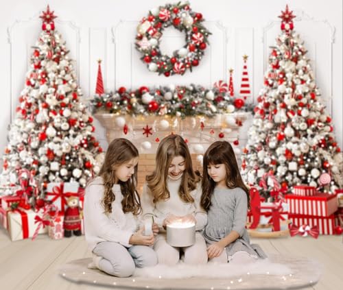 Mocsicka Christmas Fireplace Backdrop White Red Christmas Tree Photography Background Winter Fireplace Family Kids Holiday...