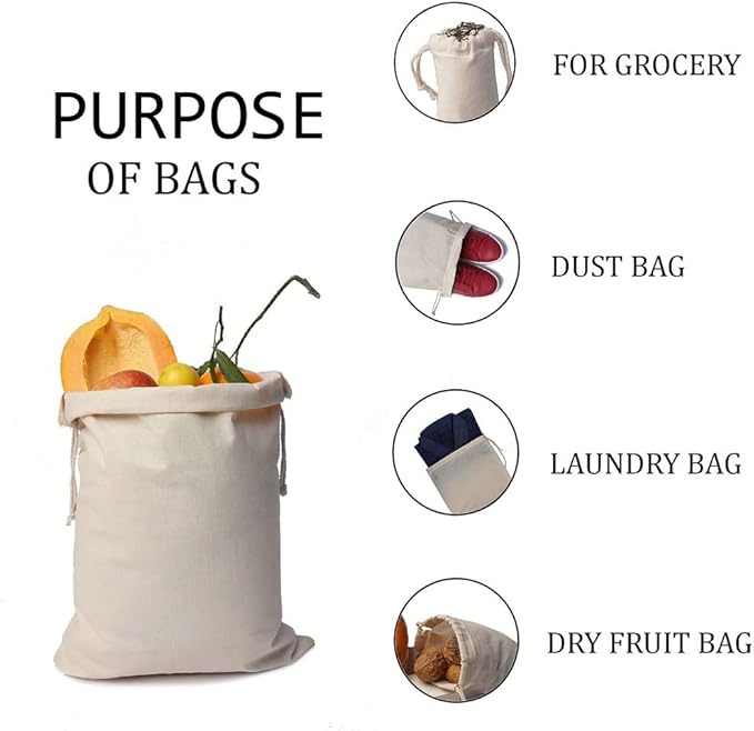 100Pcs 5 x 8 Inches Premium Cotton Muslin Double Drawstring Bags, Reusable Bag Natural Cotton Bags with Drawstring Produce Bags Bulk Gift Bag Jewelry Pouch for Party Wedding Home Storage