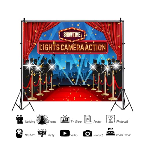 Lights Camera Action Backdrop 10x8ft Movie Night Theme Red Carpet Awards Ceremony Decorations Photography Background Dres...