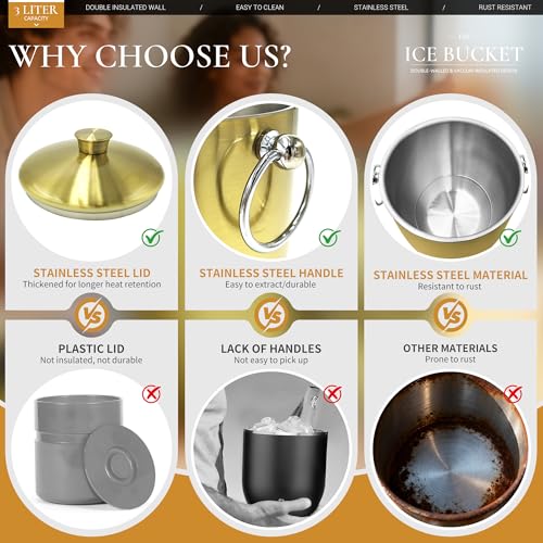 LRYYBTI Ice Buckets for Parties with Lid,Tongs and Strainer (3L/Gold) Double Wall Stainless Steel Ice Bucket Keeps Frozen ...