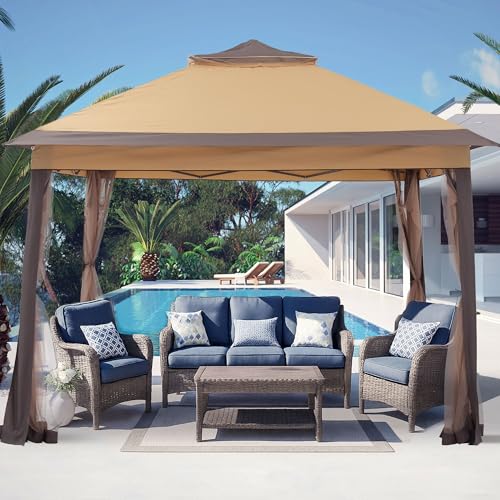 GDY 11x11 Pop Up Canopy Tent, Outdoor Canopy with Netting, Outdoor Gazebo for Backyard, Tent with Wheeled Cover Bag, Brown.