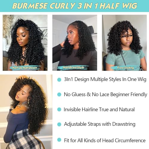 Kinky Curly Half Wig Human Hair 200% Density 24 Inch 3 In 1 Seamless Flip Over Drawstring Ponytail Headband Wig Human Hair Glueless Wear and Go 100% Human Hair Burmese Kinky Curly Half Wigs (24 inch)