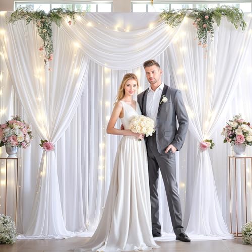 Wish Care 10x10ft White Backdrop Curtains with Lights String for Parties Wrinkle Free White Curtains Soft Fabric Photo Dra...