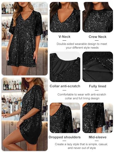 MIYIEONZ Women's Crew Neck Sequin Dress for Women Sexy V Neck Shirt Dress Sparkly Half Sleeve Loose Party Club Cocktail Dress