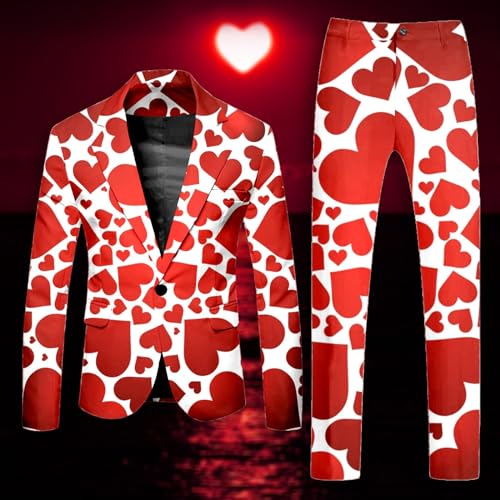 XuttHJH Mens Heart Suit Valentines Day Slim Fit Printed Blazer and Pants Love Costume 2 Piece Outfit for Party and Wedding