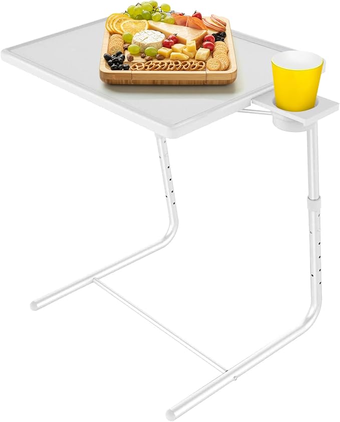ZUCONKITCH Adjustable TV Tray Tables with 6 Height & 3 Tilt Angle, Folding TV Dinner Tray,TV Table with Cup Holder on Bed & Sofa (1 Pack, White)