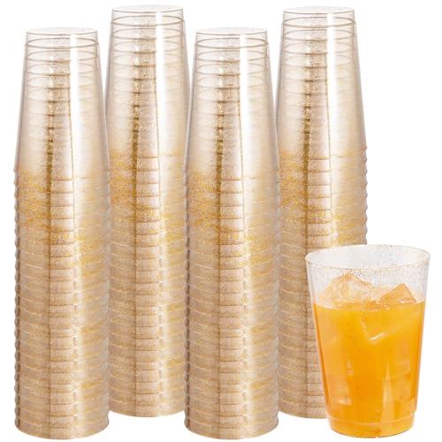 I00000 100 Pack 12 oz Gold Glitter Cups, Clear Disposable Cups, Gold Plastic Wine Glasses Cocktail Glasses Heavy Duty Cup...