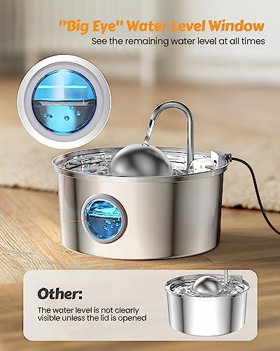 AONBOY Cat Water Fountain Stainless Steel, 108oz/3.2L Cat Fountain, Pet Water Fountain with Water Level Window, Hemispheri...