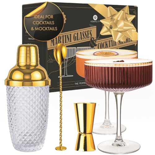 VEMACITY - Luxury Gold Cocktail Shaker Set - 15oz Glass Shaker with Strainer + 2 Gold-Rim Ribbed Martini Glasses (10oz) & ...